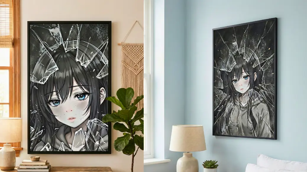 Digital illustration of a melancholic anime girl with blue eyes seen through a layer of realistic shattered glass shards, featuring a dark aesthetic and moody greyscale tones.