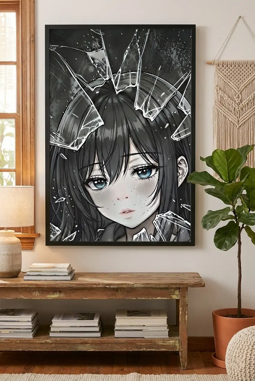 Side angle view of a black framed 'Shattered Reflections' anime wall art piece mounted on a minimalist concrete wall above a wooden shelf with books and a small plant.