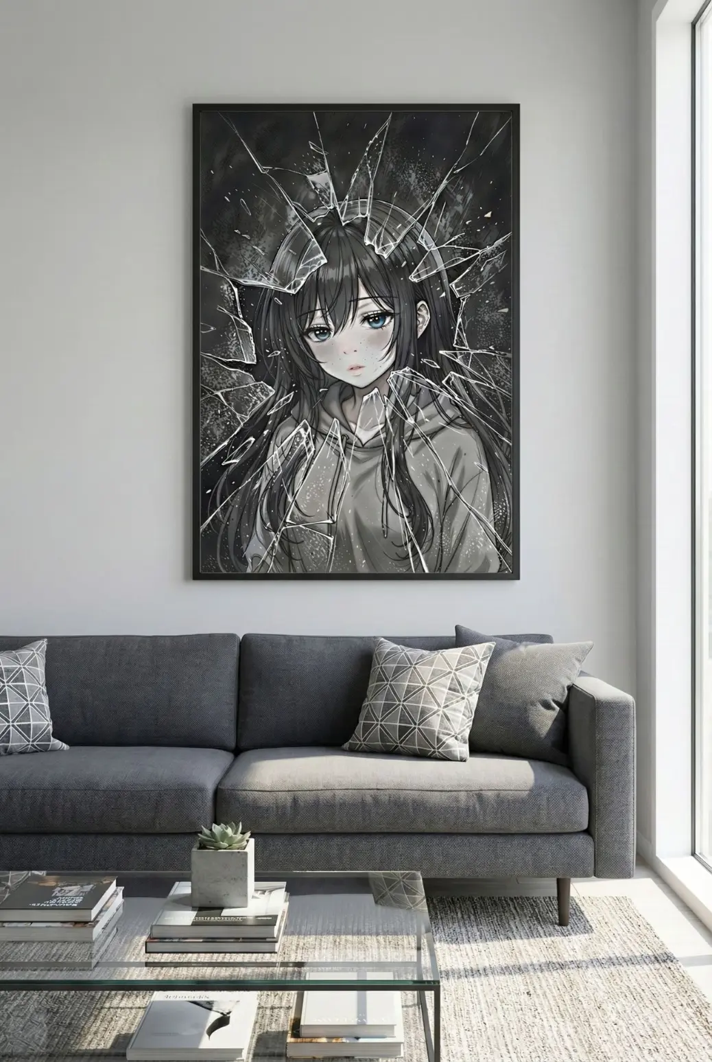 Frontal view of a large 16x24 inch dark anime girl poster displayed in a modern industrial loft setting with natural lighting and rustic wooden furniture.