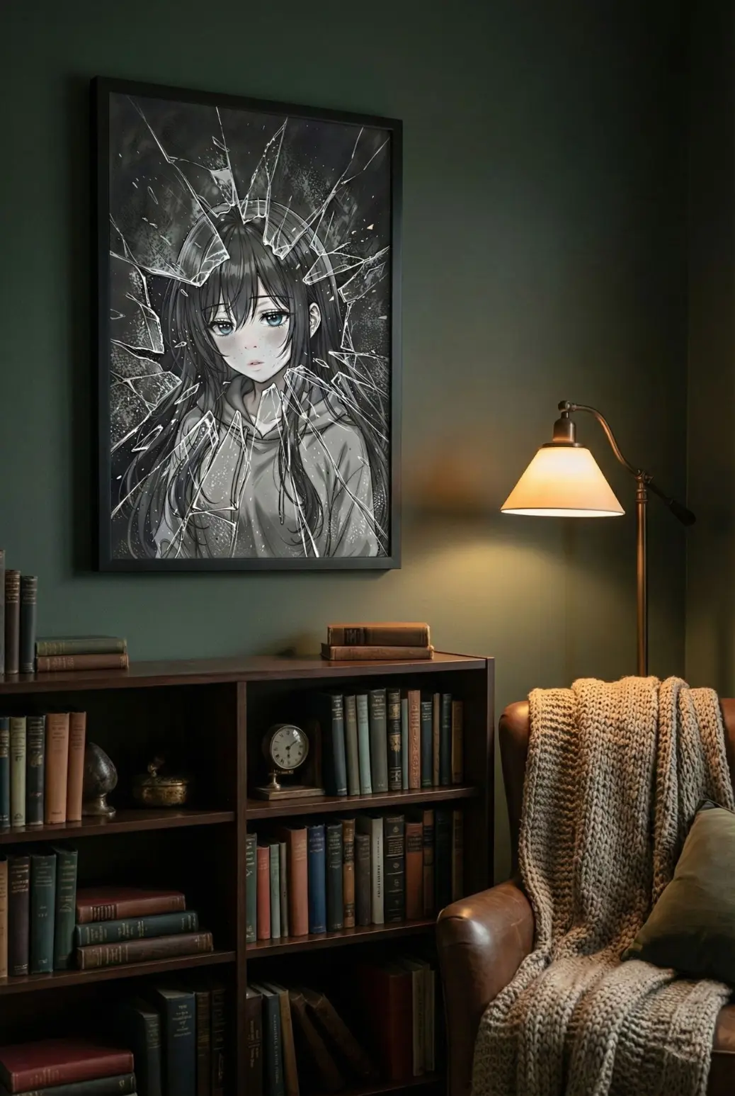 Aesthetic side view of a 2:3 ratio digital print featuring a sad anime girl behind broken glass, hanging in a cozy bedroom atmosphere with warm ambient lighting.