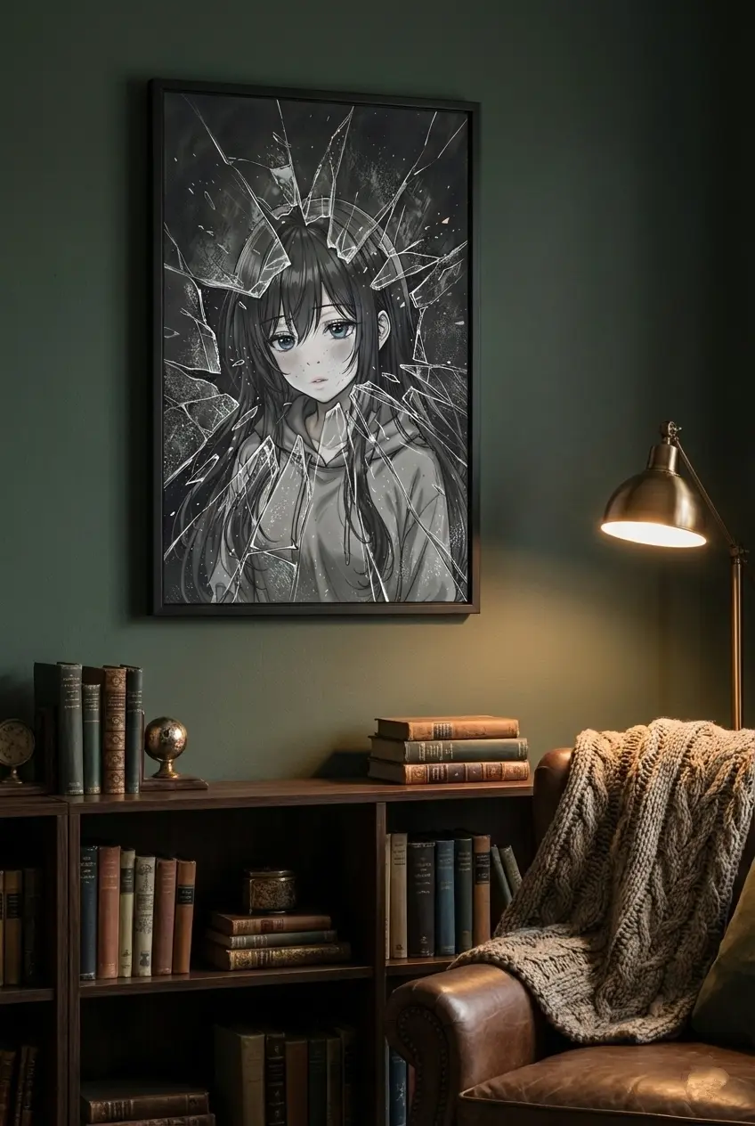 Close-up high-resolution detail of the 300 DPI 'Shattered Reflections' art showing the intricate textures of the shattered glass and the character's piercing blue eyes.