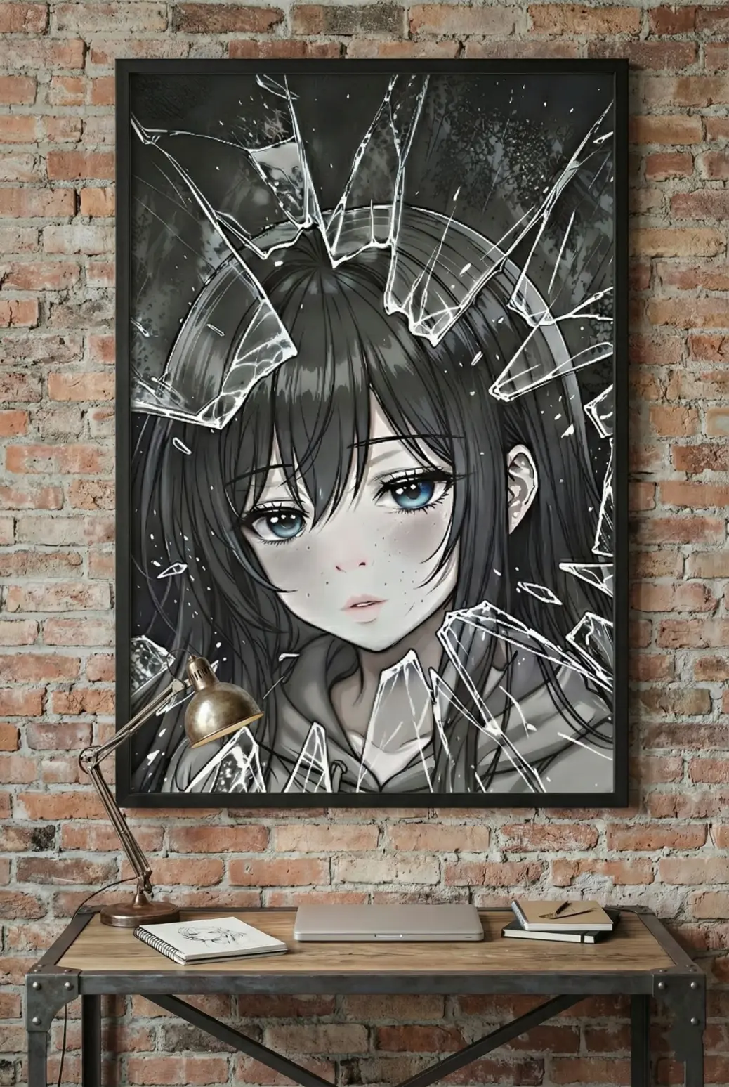 A visual guide showing the 'Shattered Reflections' digital art in three standard sizes: 8x12 inches, 12x18 inches, and 16x24 inches to demonstrate printing versatility.