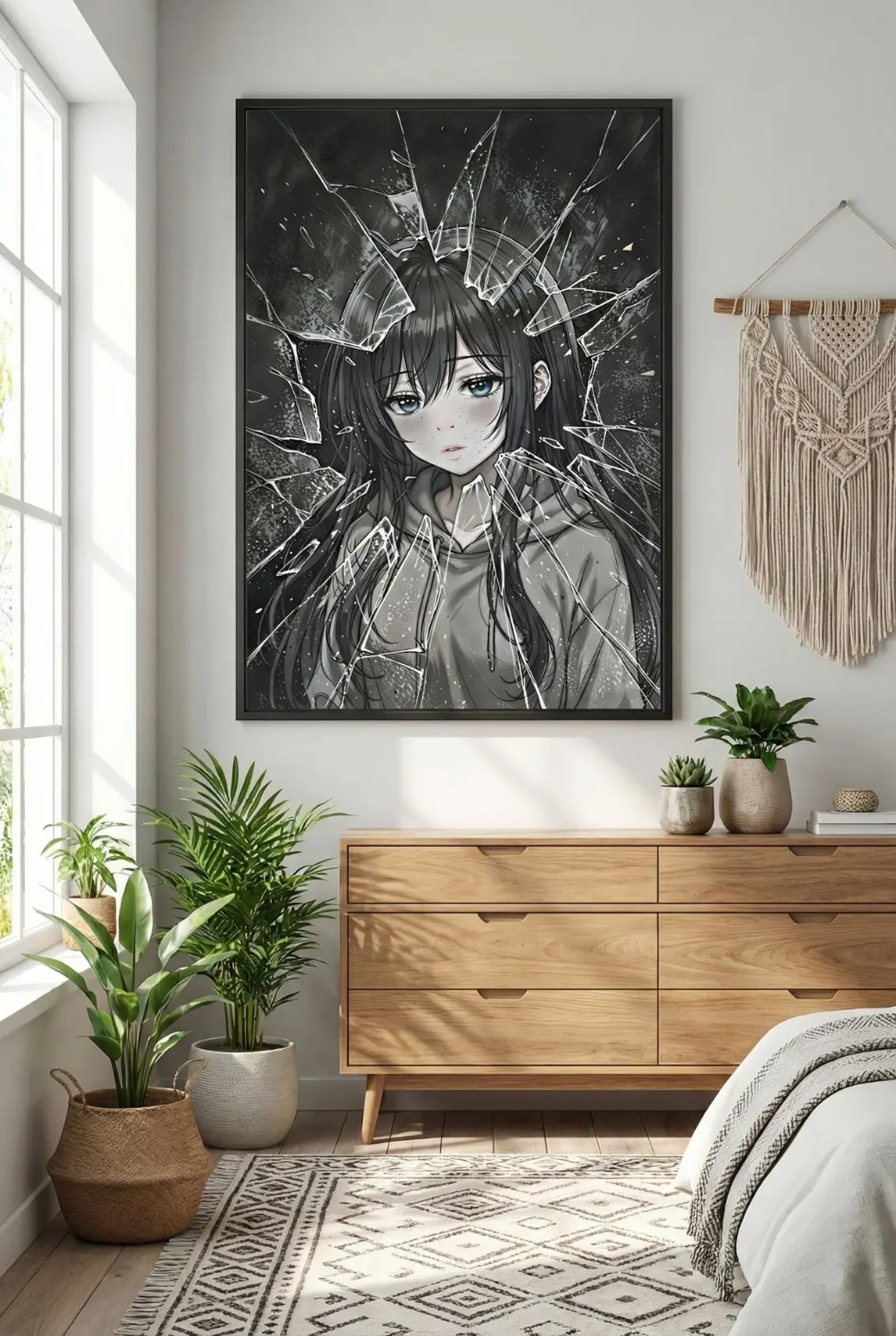 AuraSteel Gallery digital wall art listing for 'Shattered Reflections' showing the product in a sleek black frame against a neutral background for a professional online storefront.